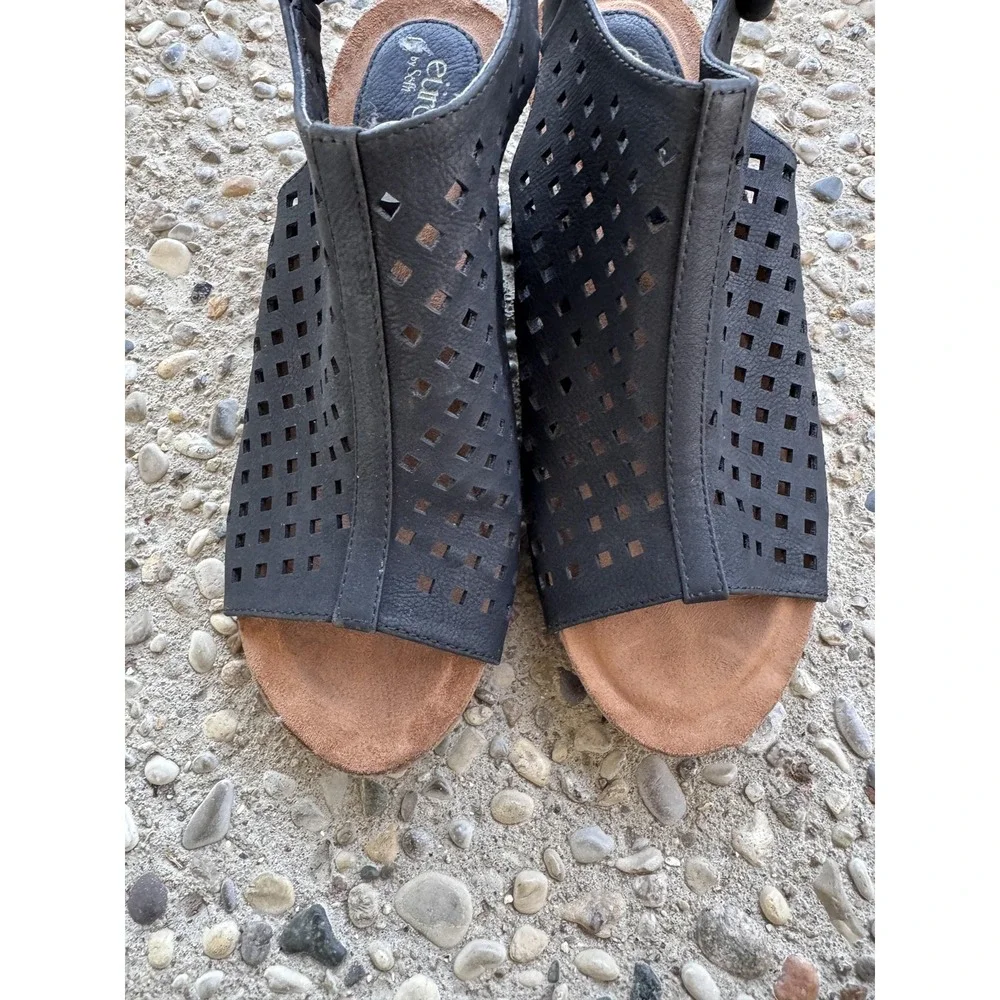 Eurosoft Valerie Wedge Shoes Womens Size 7 Black Peep Toe Sandals Comfort Casual